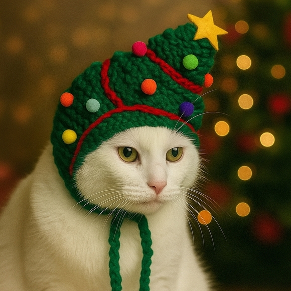 Hand Crafted crochet hat Christmas tree pet hat green & multicolored pump pumps - Picture 1 of 14